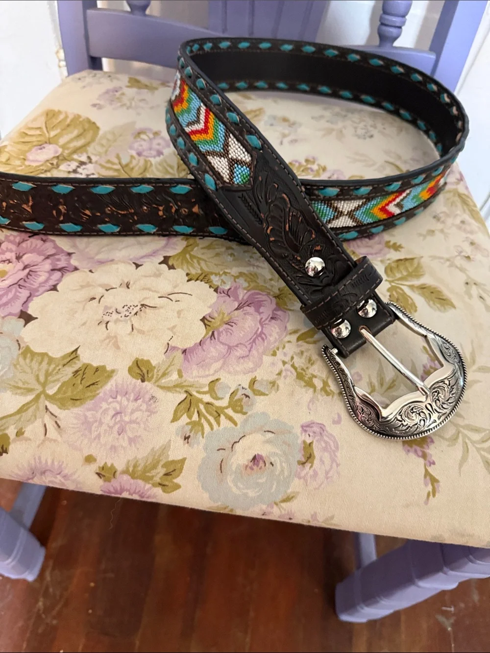 Nocona Turquoise Red Orange Patterned Leather Belt